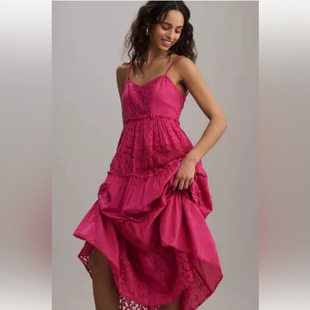 NWT BHANUNI BY JYOTI SLEEVELESS PATCHWORK LACE TIERED MIDI DRESS, LARGE